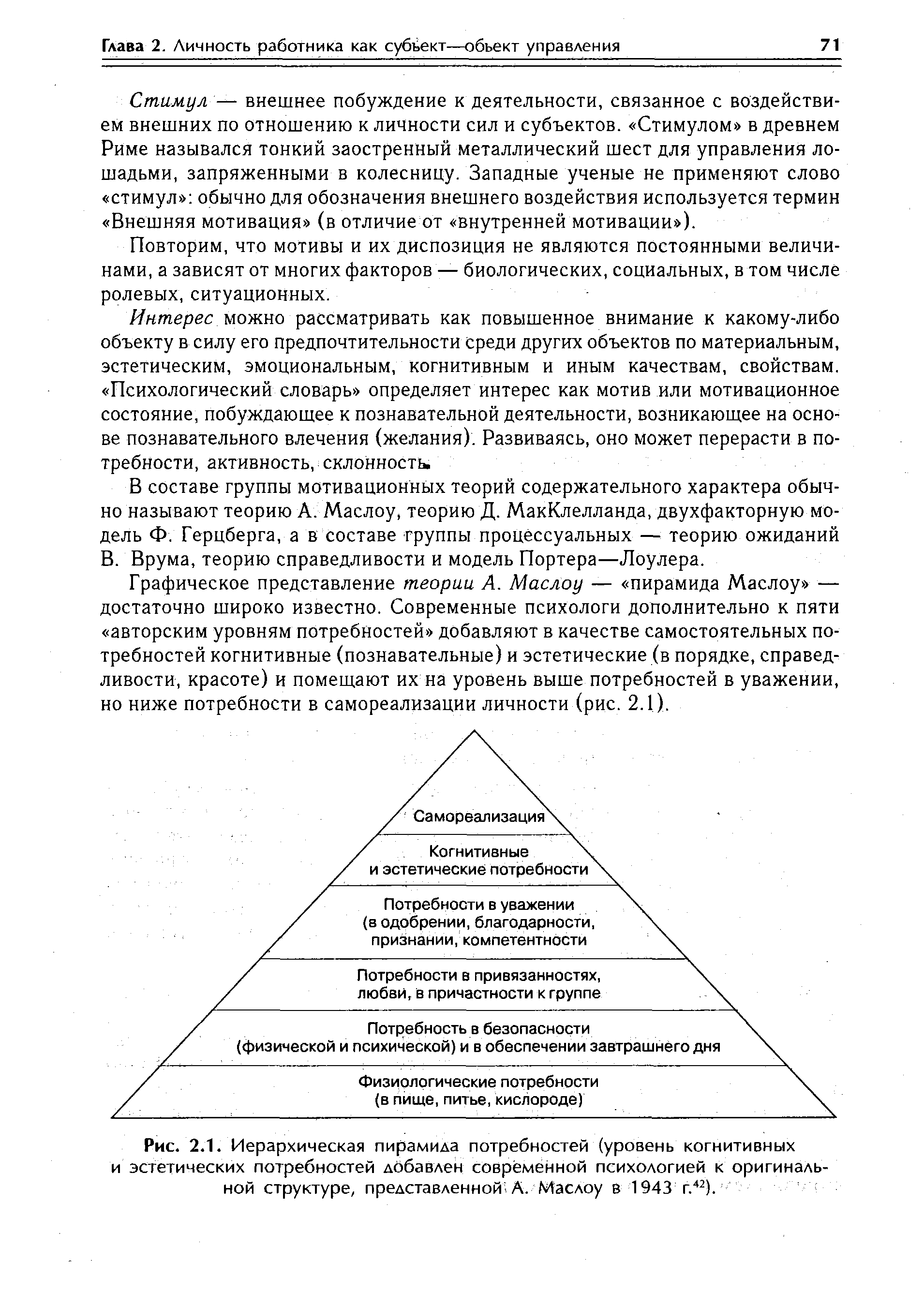 Рис. 2.1. <a href="/info/5972">Иерархическая пирамида</a> потребностей (уровень когнитивных и эстетических потребностей добавлен современной психологией к оригинальной структуре, представленной-А. Маслоу в 1943 г.42).