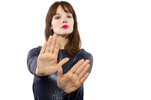Женщина, отказывающаяся или говорящая не ручным жестом — стоковое фото
